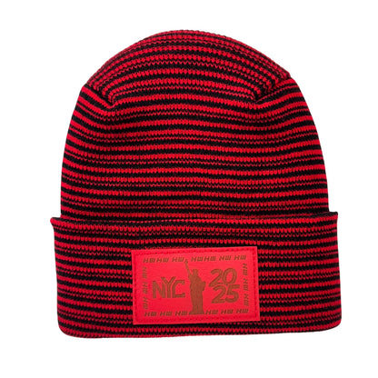 Haakwear NEW YEAR 2025 NYC, Modern Theta Stitch Contrast Cuffed Beanie / Hat (Patent Pending Design) Black / Red, Made in USA (Limited Edition)