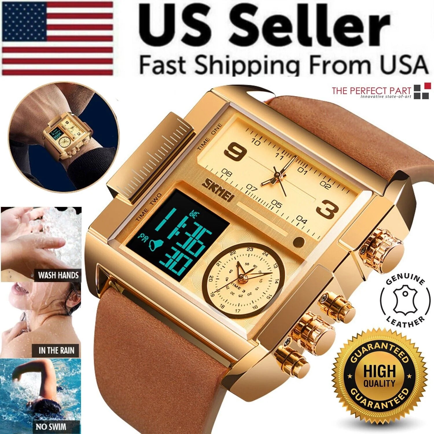 SKMEI Men Watch Large Dial Digital Quartz Sport Stopwatch Leather Wristwatch New