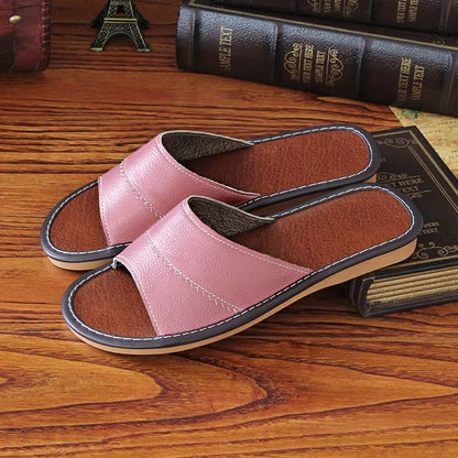 Indoor Slippers Unisex Split Leather Home Shoes Women Flat 2020 Wide Slippers Female Weightlight Shoes