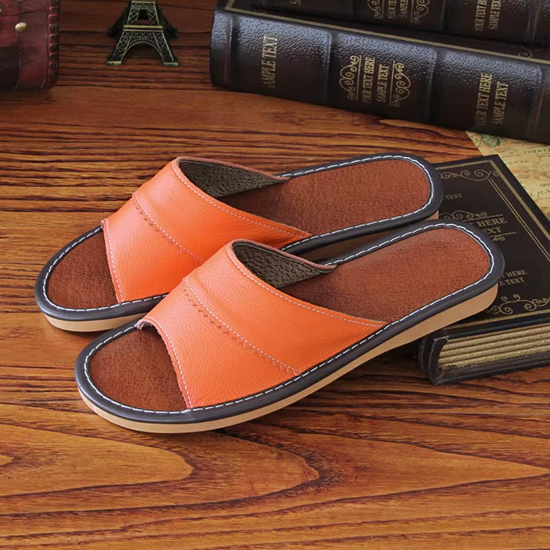 Indoor Slippers Unisex Split Leather Home Shoes Women Flat 2020 Wide Slippers Female Weightlight Shoes