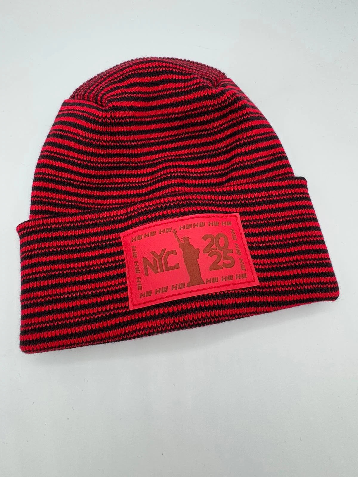 Haakwear NEW YEAR 2025 NYC, Modern Theta Stitch Contrast Cuffed Beanie / Hat (Patent Pending Design) Black / Red, Made in USA (Limited Edition)