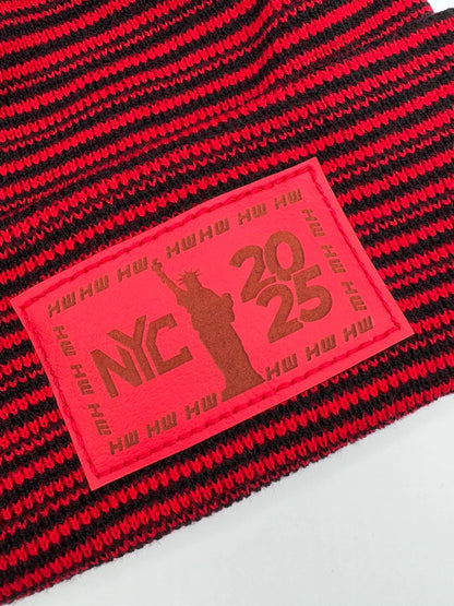 Haakwear NEW YEAR 2025 NYC, Modern Theta Stitch Contrast Cuffed Beanie / Hat (Patent Pending Design) Black / Red, Made in USA (Limited Edition)