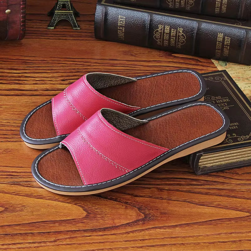 Indoor Slippers Unisex Split Leather Home Shoes Women Flat 2020 Wide Slippers Female Weightlight Shoes