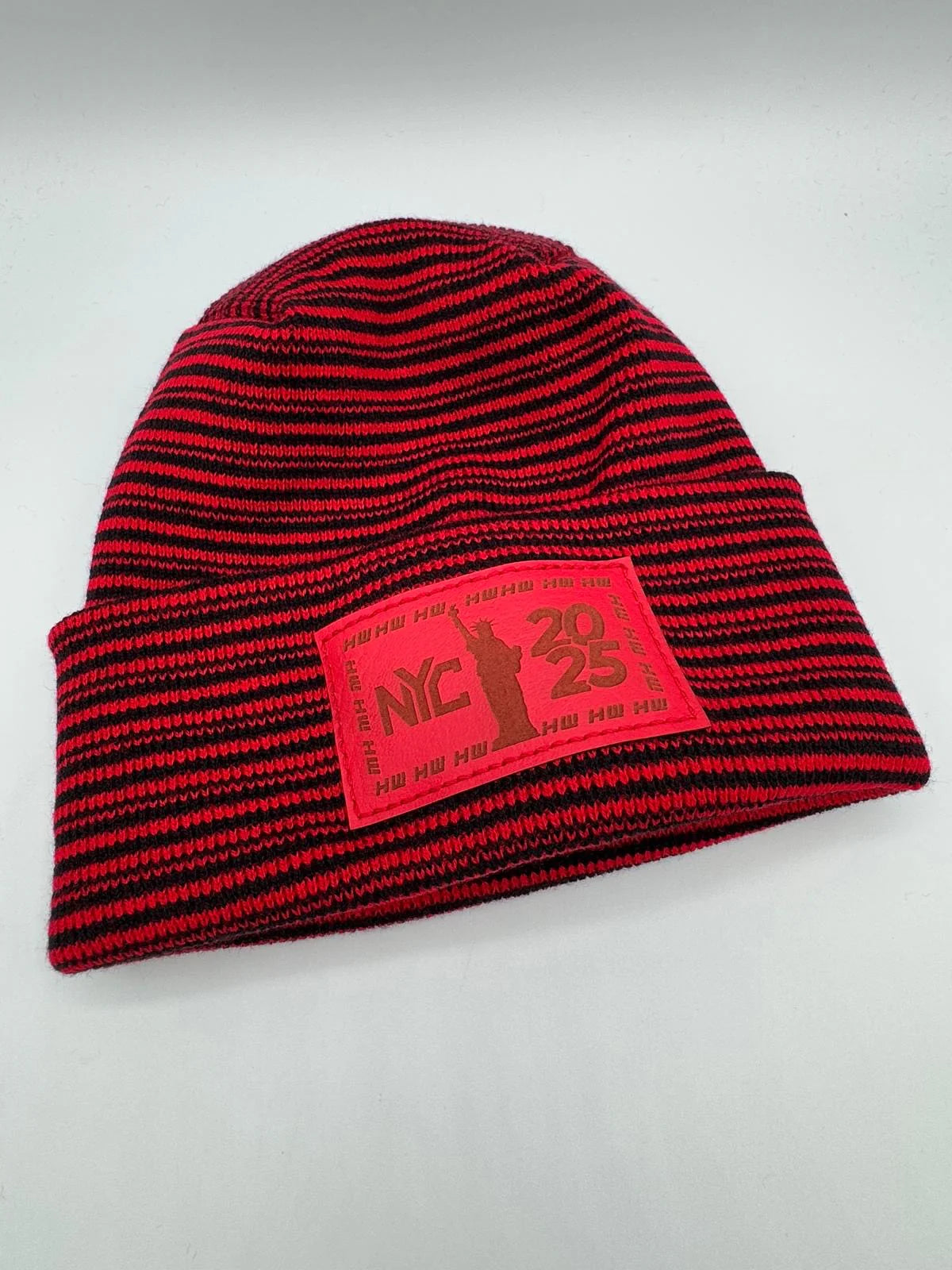 Haakwear NEW YEAR 2025 NYC, Modern Theta Stitch Contrast Cuffed Beanie / Hat (Patent Pending Design) Black / Red, Made in USA (Limited Edition)