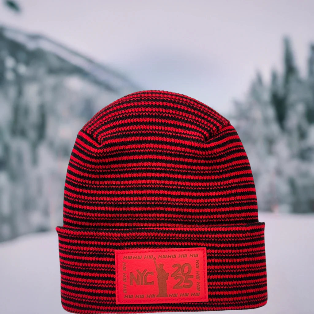 Haakwear NEW YEAR 2025 NYC, Modern Theta Stitch Contrast Cuffed Beanie / Hat (Patent Pending Design) Black / Red, Made in USA (Limited Edition)