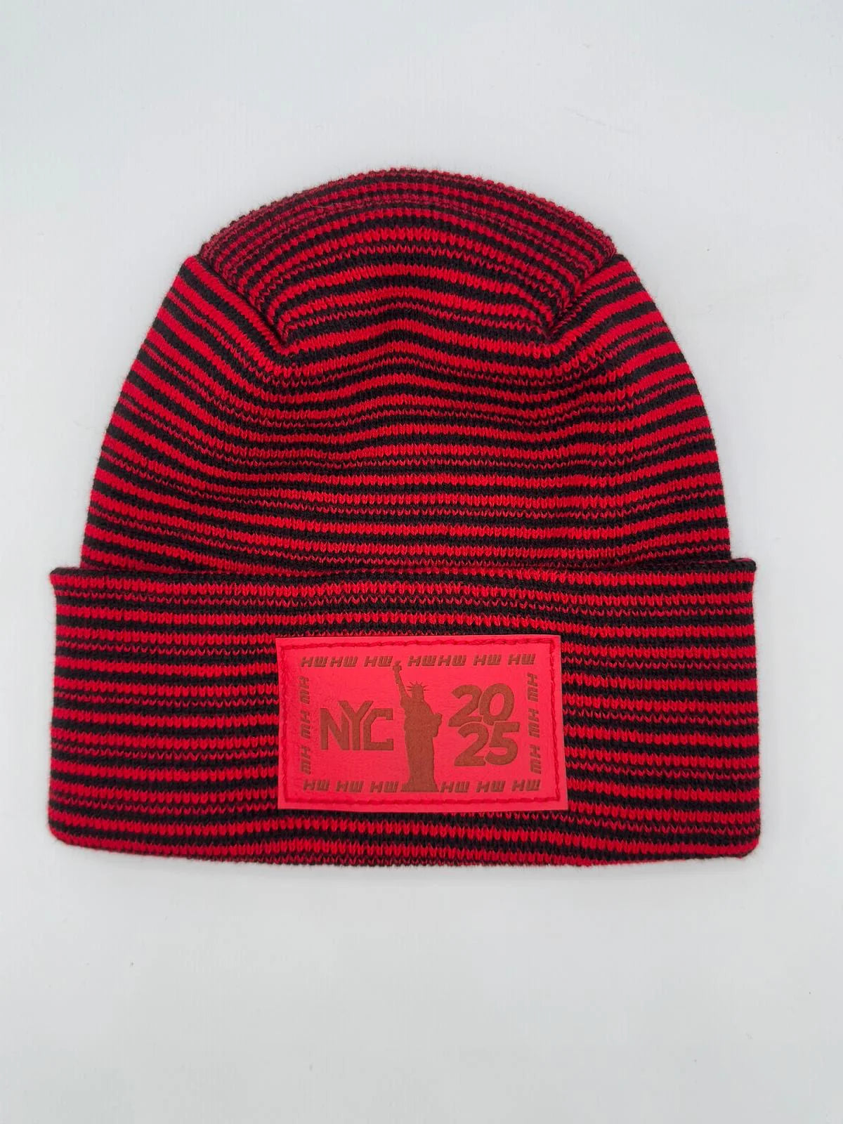 Haakwear NEW YEAR 2025 NYC, Modern Theta Stitch Contrast Cuffed Beanie / Hat (Patent Pending Design) Black / Red, Made in USA (Limited Edition)